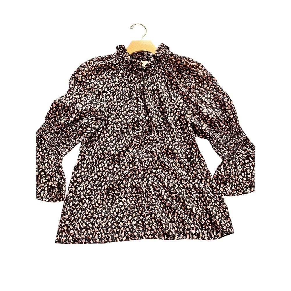 Floral Long Sleeve Rebecca Taylor Silk Blouse Mock Neck Bell Sleeve Black Pink S
